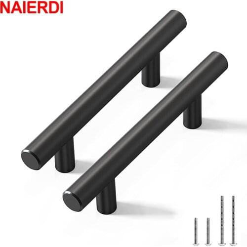 NAIERDI 20PCS Black Furniture Handle Stainless Steel T Bar Brushed Gold Kitchen Handle Cabinet Pull with Cuttable Bamboo Screw