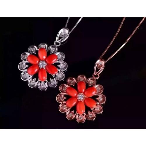 Natural red coral gem Elegant elegant sunflower Pendant natural gemstone pendant necklace S925 silver girl gift wedding jewelery