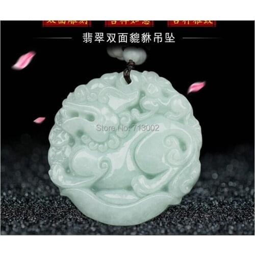 Nature Jade Amulet Hand Carven PiXiu Pendant fortune Beast jadeite Talisman Bead chain