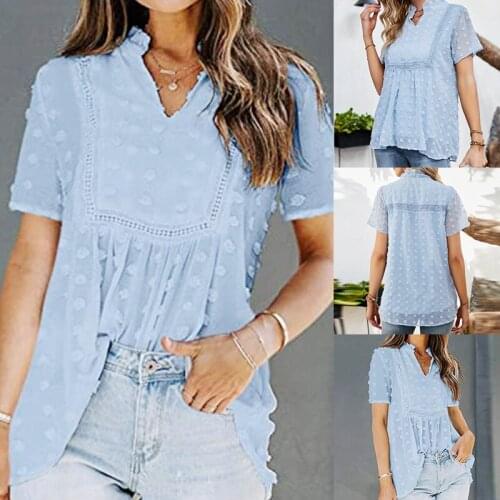 Womens New Chiffon Plus Lining Stitching Lace V-Neck Shirt Blue