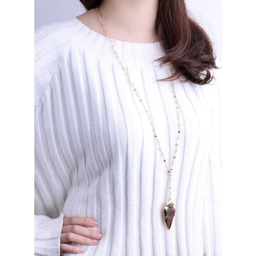 2017 New Fashion Druzy Arrowhead Pendant Crystal Bead Handmade Cable Chain Long Necklace NKS003