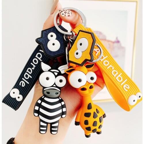 New Big Eyes Zebra Keychain Cartoon Eye-Catching Giraffe Keyfob Silicone Women Fashion Pendant Animal Keyring Birthday Fun Toy