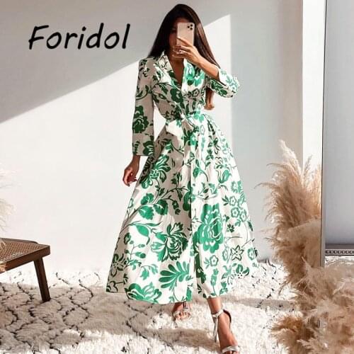 Autumn Winter Long Floral Print Dress Robe for Women 2021 Casual Button Up Dress Green Female Elegant Maxi Party Vestidos Belt