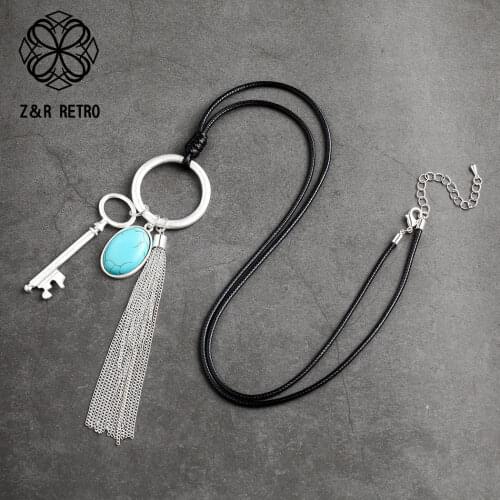 Silver Color Keys Pendants Tassel Long Necklace Women Rope Chains Chokers Jewellery necklaces & pendants Suspension Accessories