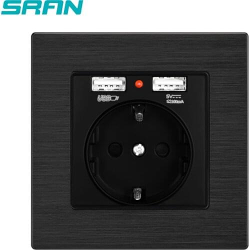 SRAN EU power socket,socket with usb charging port 5V 2.1A aluminum panel 16A Outlet Russia Spain Wall Socket