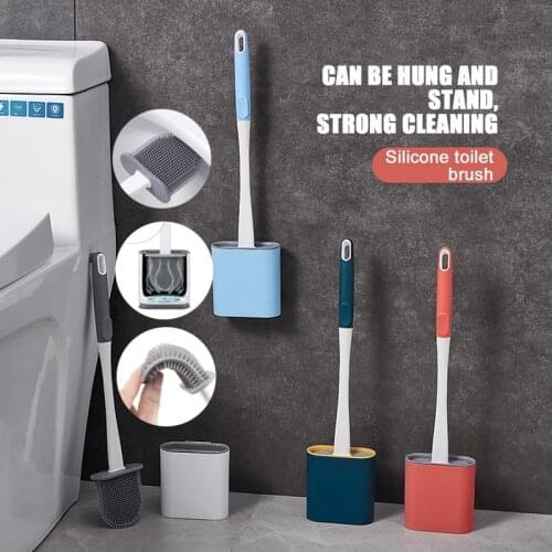 Toilet Brush Water Leak Proof With Base Silicone Flat Head Flexible Soft Bristles Brush Quick Drying Holder Set For WC Kitchen