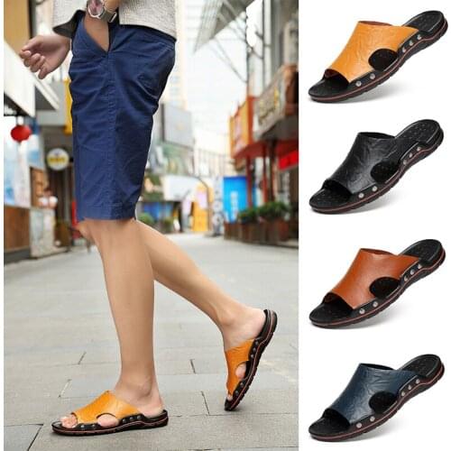 Mens Slippers Outdoor Summer Genuine Leather Slides Non-Slip Breathable Fashion Beach Sandal Wear-Resistant Casual Single Shoes
