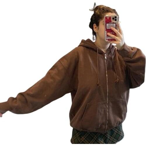 Black Brown Zip Up Sweatshirt Winter Jacket Clothes oversize Hoodies Women plus size Vintage Pockets Long Sleeve Pullovers