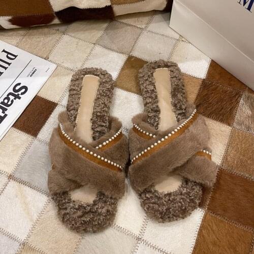 Slippers Casual Fur Shoes Slides String Bead Slipers Women Flock Winter Footwear Luxury Plush Massage Flat 2021 Soft Leisure Fab
