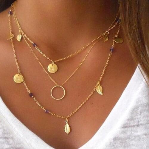 Creative Simple Multi-layered Gold Leaf Round Pendant Necklace Womens Trend Tassel Chain Fashion Ladies Party Jewelry Gifts