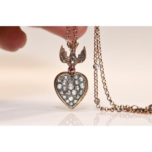 Vintage Original 8k Gold Natural Diamond And Rose Cut Diamond Decorated Pretty Heart Style Necklace