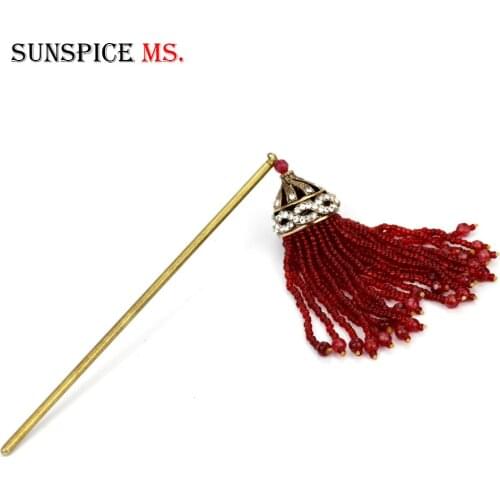 SUNSPICEMS Retro Gold Color Tassels Hairpin Red Green Black Bead Hair Sticks Turkish Ethnic Wedding Indian Jewelry Gifts