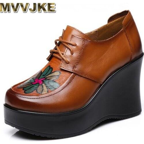 MVVJKE Women Shoes Elegant Platform Wedges High Heels 2020 New Fashion Spell Color Printing Genuine Leather Shoes Woman Shoes