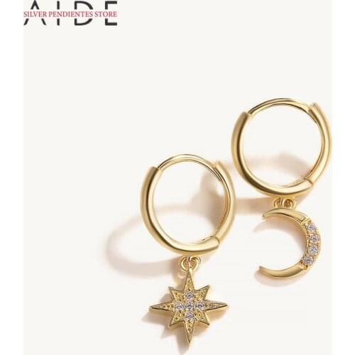 AIDE Pendientes Plata 925 Silver Huggies Moon Star Earrings For Women Minimalist Asymmetry Hoops Earrings Gold Jewelry Wholesale