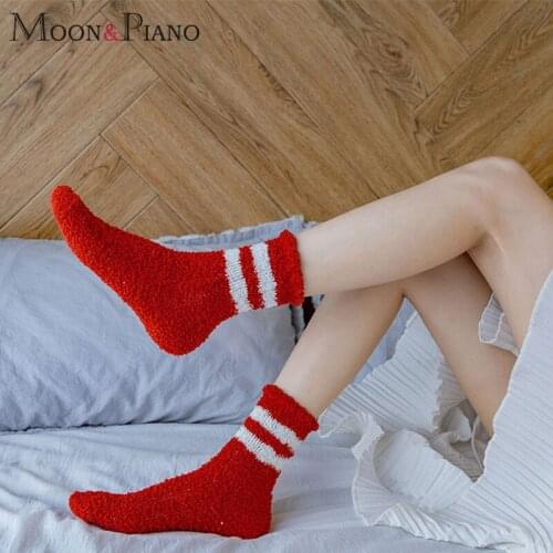 Coral Velvet Women Socks Simple Style Stripes Winter Thick Warm Floor Sleeping Home Soft Skin-friendly College Students Sock