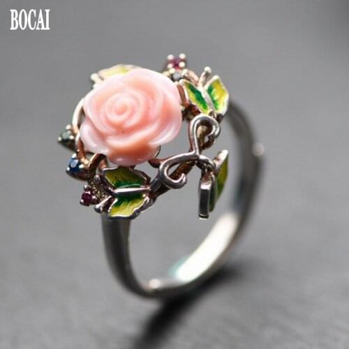 S925 silver woman ring fashionable cloisonne craftsmanship inlaid with shell peony flowers adjustable literary ring for women