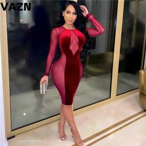 VAZN New 2021 New O-neck Corduroy Evening Gown Women Elegant Fashion Mini Dress Slim Dress Celebrity Evening Party Dress