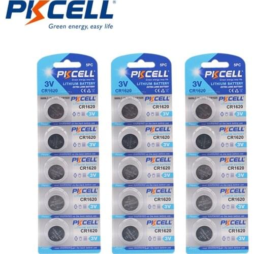 15Pcs (5Pc/Card) PKCELL DL1620 BR1620 CR 1620 CR1620 3V Lithium Button Coin Battery