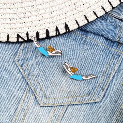 2 Pcs/Set Creative Enamel Pins Sports Movement Swim Girl Brooch Back Buckle Button Jackets Collar Pin Badge Jewelry Accessiores