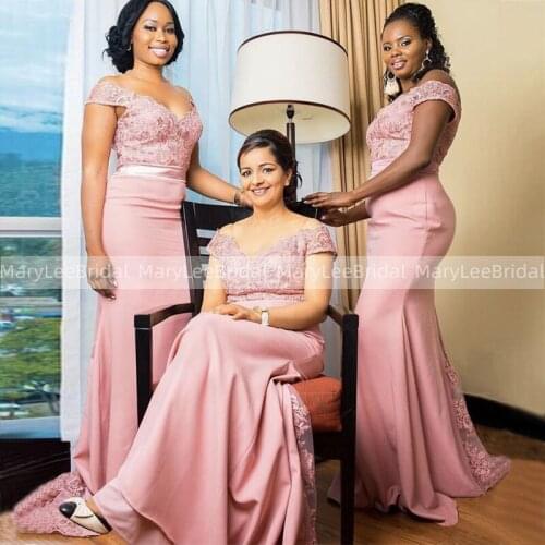 2021 Off Shoulder Pink Bridesmaid Dresses Robe Mariee Mermaid Lace Appliques Long Maid Of Honor Wedding Party Dress For Women