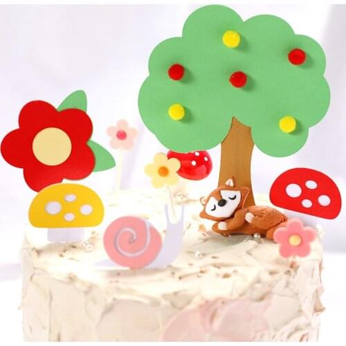 5pcs New Flower Tree Birthday Cupcake Topper Set Mushroom Snail Cake Topper For Kids Birthday Party Cake Decorations Baby Shower