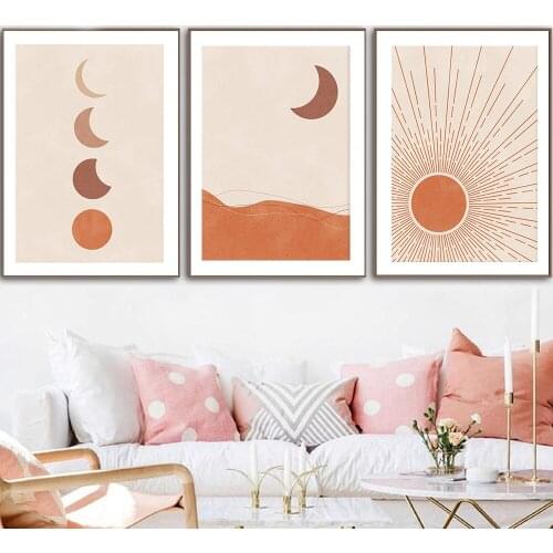 Abstract Burnt Orange Wall Art Canvas Painting Sun and Moon Phases Minimalist Mid Century Poster Boho Prints Home Decoration