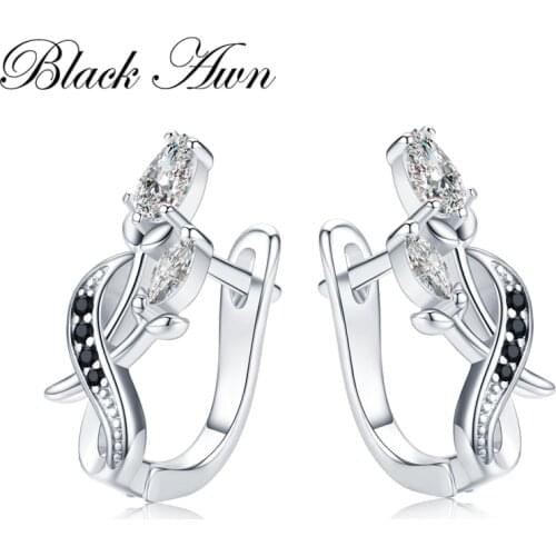 [BLACK AWN] 925 Sterling Silver Round Black Trendy Spinel Engagement Flower Hoop Earrings for Women Fine Jewelry Bijoux I151