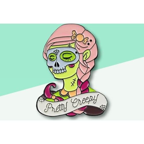 Zombie Queen Ladies Pink Hair Skeleton Enamel Pins Pretty Creepy Girl Gothic Thrilling Brooch Halloween Badge
