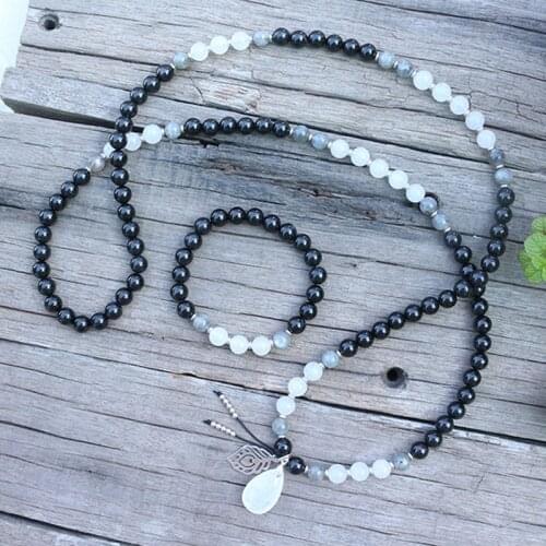 8mm Natural Stone Beads, Labradorite, White Stone,Feather,JapaMala Sets,Spiritual Jewelry,Meditation,Inspirational,108 Mala Bead