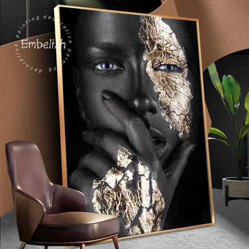Embelish Black African Woman Golden HD Canvas Oil Paintings For Living Room Modern Home Decor Wall Pictures Cuadros Artworks