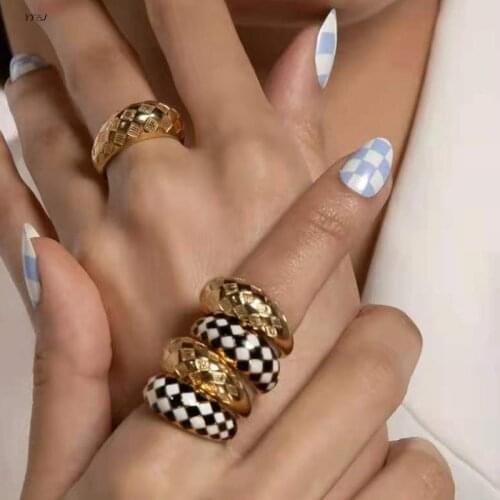 Black and white chessboard grid dome rings for women stainless steel chunky bold rings wholesale items y2k jewelry accessories