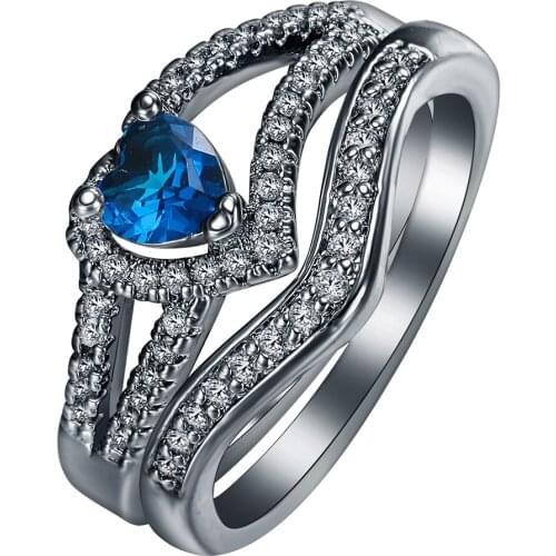 Exquisite Blue And Red Zircon Female Heart Ring Jewelry Black Gold Filled Romantic CZ Wedding Bands Promise Ring Setting Women