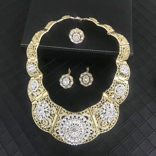 Luxury selling good wedding Party jewelry set gold color crystal necklace earring ring for women Arab Muslim dress jewelry three