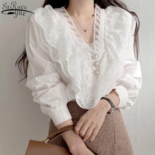 Korean Chic Blouse Spring Vintage V-neck Double-layered Lace Shirt Women Lace Stitched Loose Long-sleeved Shirt Top 13721