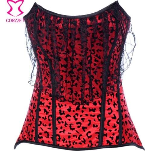 Red and Black Leopard Flocking Punk Rave Corset Steel Bone Waist Slimming Corsets Women Corselet Overbust Burlesque Bustiers
