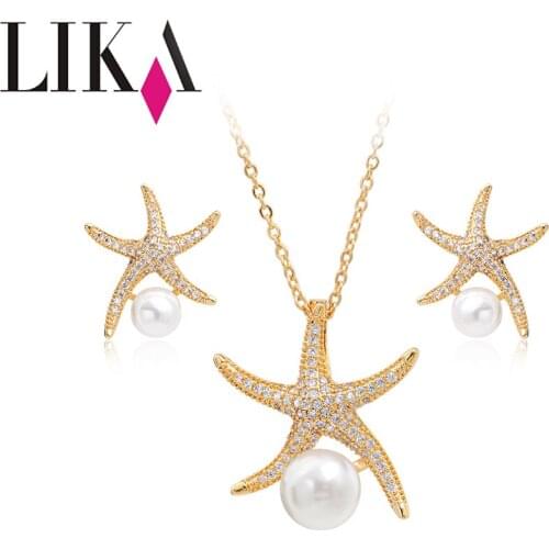 LIKA Personality Starfish Jewelry Sets Crystal Gold Silver Color Big Simulated Pearl Wedding Jewelry Sets Wholesale For Women