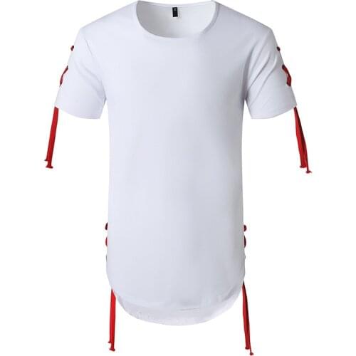 Mens Fashion Bandage Extra Long Tshirts 2021 Brand White Casual Short Sleeve Tee Shirt Homme Hip Hop Hipster Streetwear T Shirt