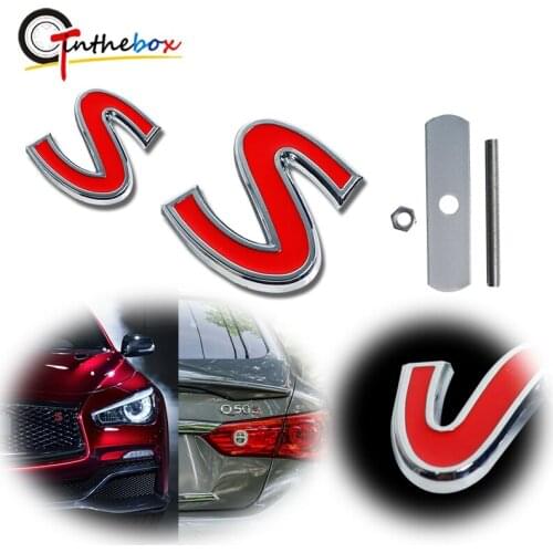 GTinthebox 2PCS 3D Chrome Red S Letter Car Trunk Lid Fender Decal Sticker & Front Grill Badge w/Mount For Infiniti Q50 Q60 Q70