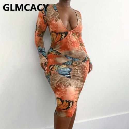 Long Sleeve V Neck Butterfly Printed Bodycon Midi Dress