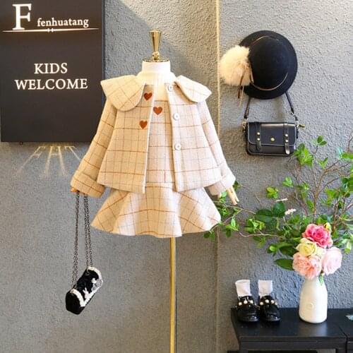 2-7Y Fashion Girls Clothing Sweet Hearts Plaid Print Button Long Sleeve Coats+Sleeveless Tutu Dress Autumn Winter 2pcs Set