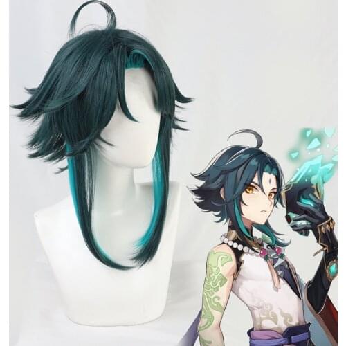 Genshin Impact Xiao Wig Cosplay Mixed Dark Green Blue Short Heat Resistant Hair Adult Halloween Role Play