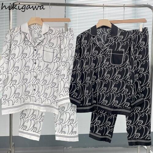 Hikigawa Pajamas Female Couple Suits 2021 Autumn Long Sleeve Trousers Home Service Ice Silk Loose Print Pajamas Sets for Women