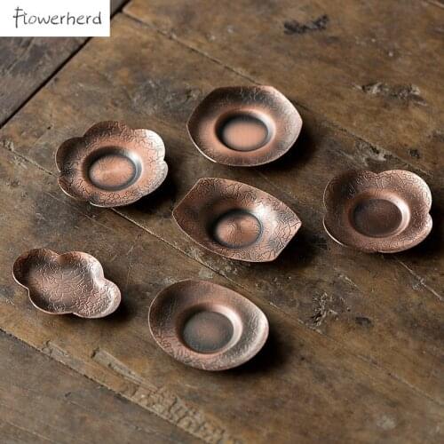 Japanese Style Copper Tea Coaster Teaware Retro Round Tea Ceremony Saucer Kung Fu Tea Set Antique Tea Saucer Zen Tea Accessories