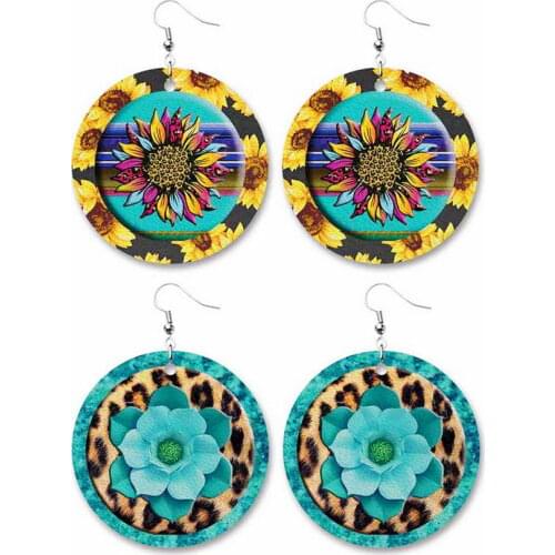Sunflower Leopard Print Round Leather Earrings for Women Summer Fashion Designer Jewelry Circle Baseball Drop Earrings Jewelry