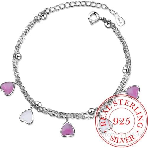New 925 Sterling Silver Bracelets For Women Pink Glaze Cherry Blossom Petals Gradient Heart Shaped Double Layer Chain