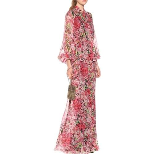 European Runway Designers Dress 2021 Vintage Elegant Long Sleeve Florral Printed Long Dresses for Women Spring Autumn Clothing