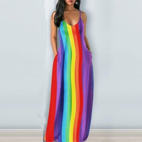 40# Summer Spaghetti Strap Dress Women Rainbow Casual Plus Size Summer Dress 2021 V-neck Sleeveless Long Maxi Dress Vestidos