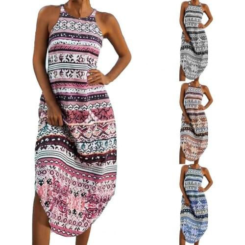 Women Dress Position Print Irregular Hem Summer Sleeveless Round Neck Dress Sexy Beach Dresses Ladies Loose Vestido Femme Robe