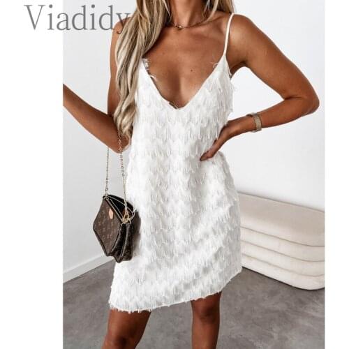 Women Sexy Deep V Neck Tassels Spaghetti Strap Mini Dress