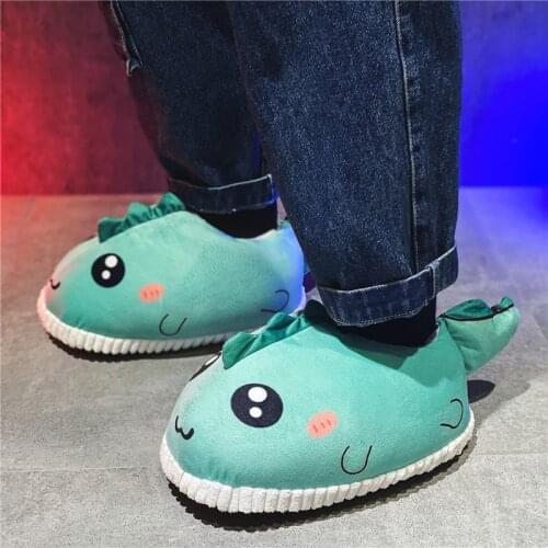 Winter Little Dinosaur Cute Pattern Indoor Soft Slippers Men Fashion Animal Couple Cotton Shoes Slip on Mens Home Slippers
